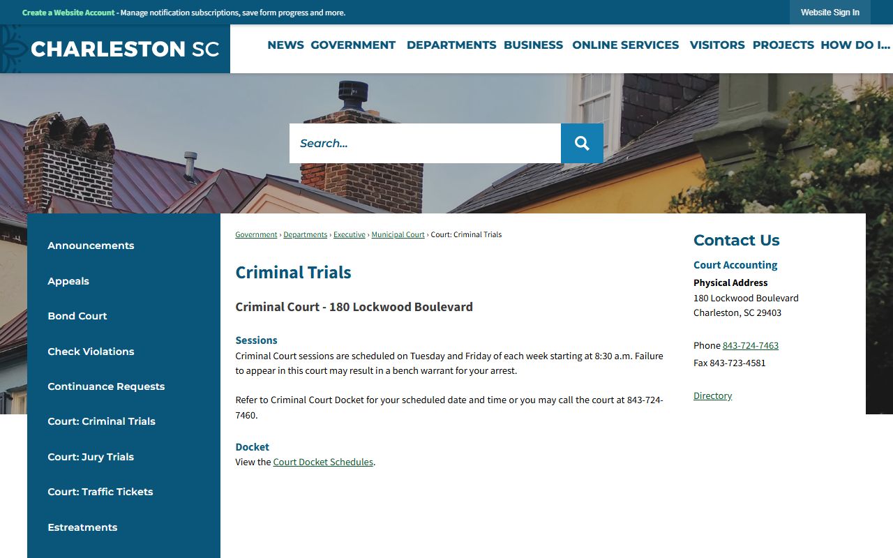Charleston criminal trials information for court proceedings