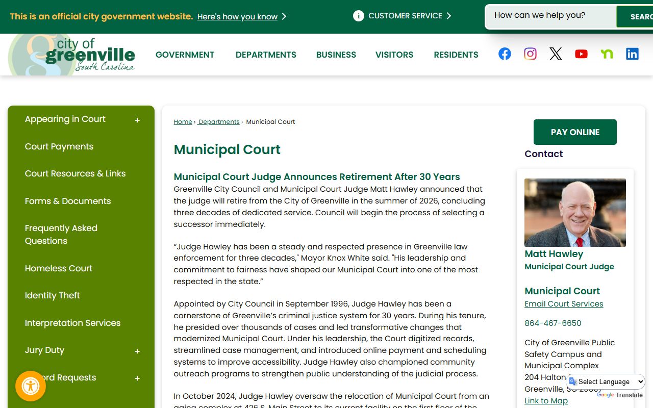 Greenville Municipal Court for misdemeanor and traffic cases