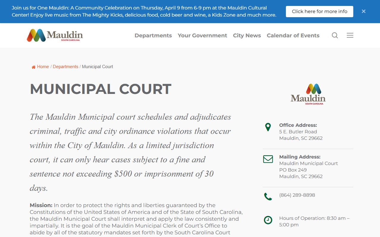 Mauldin Municipal Court for criminal and traffic cases