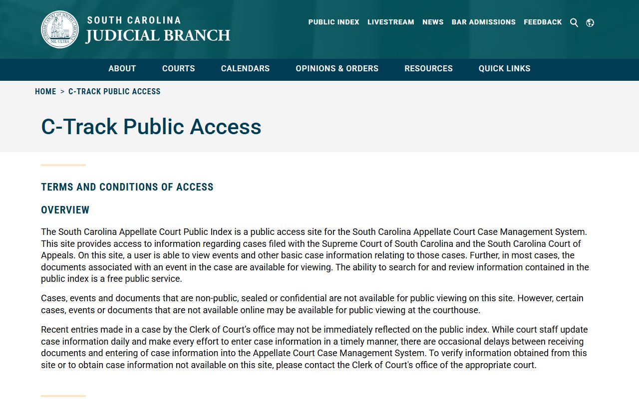 South Carolina appellate court C-Track public access index for criminal appeal records