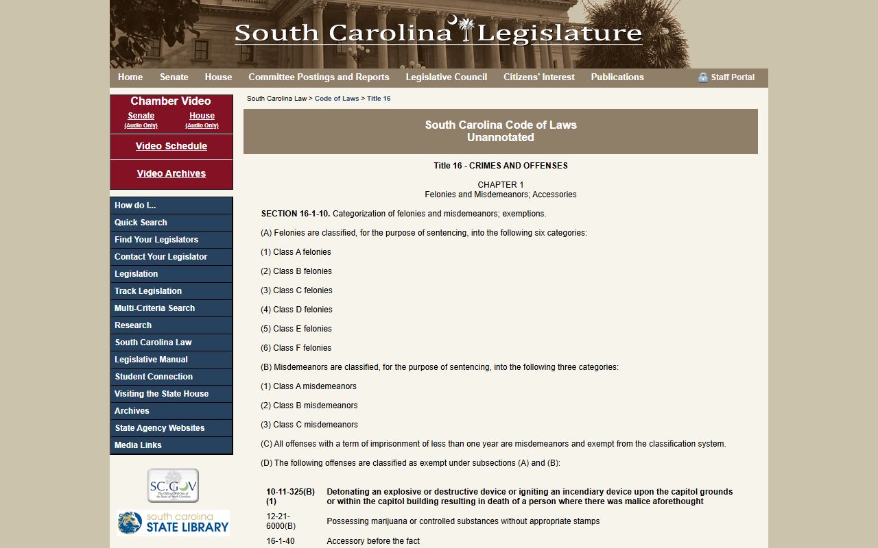 South Carolina Code of Laws Title 16 Crimes and Offenses listing felony classifications