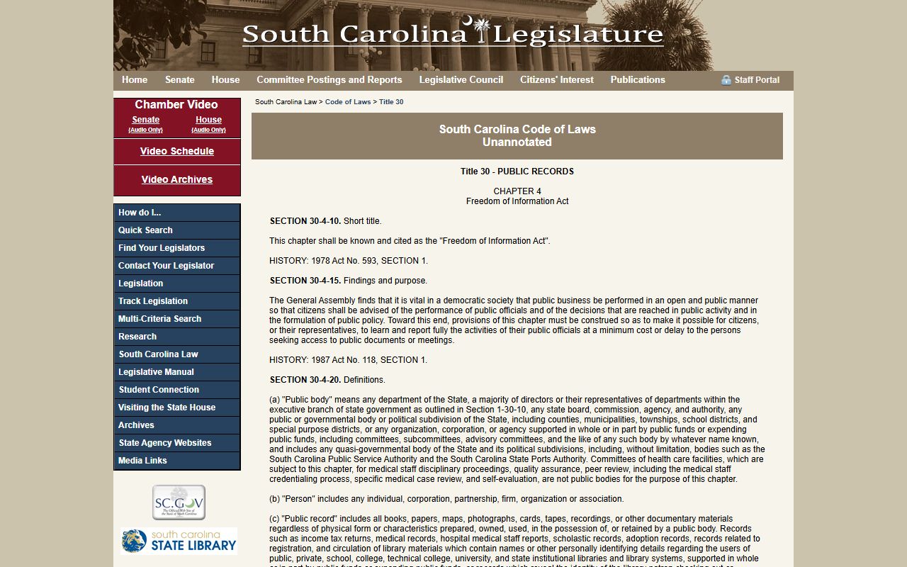 South Carolina Freedom of Information Act Title 30 Chapter 4 public records law page