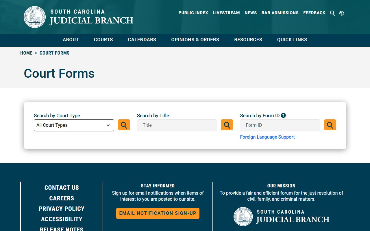 South Carolina Judicial Branch court forms portal including criminal case and expungement forms