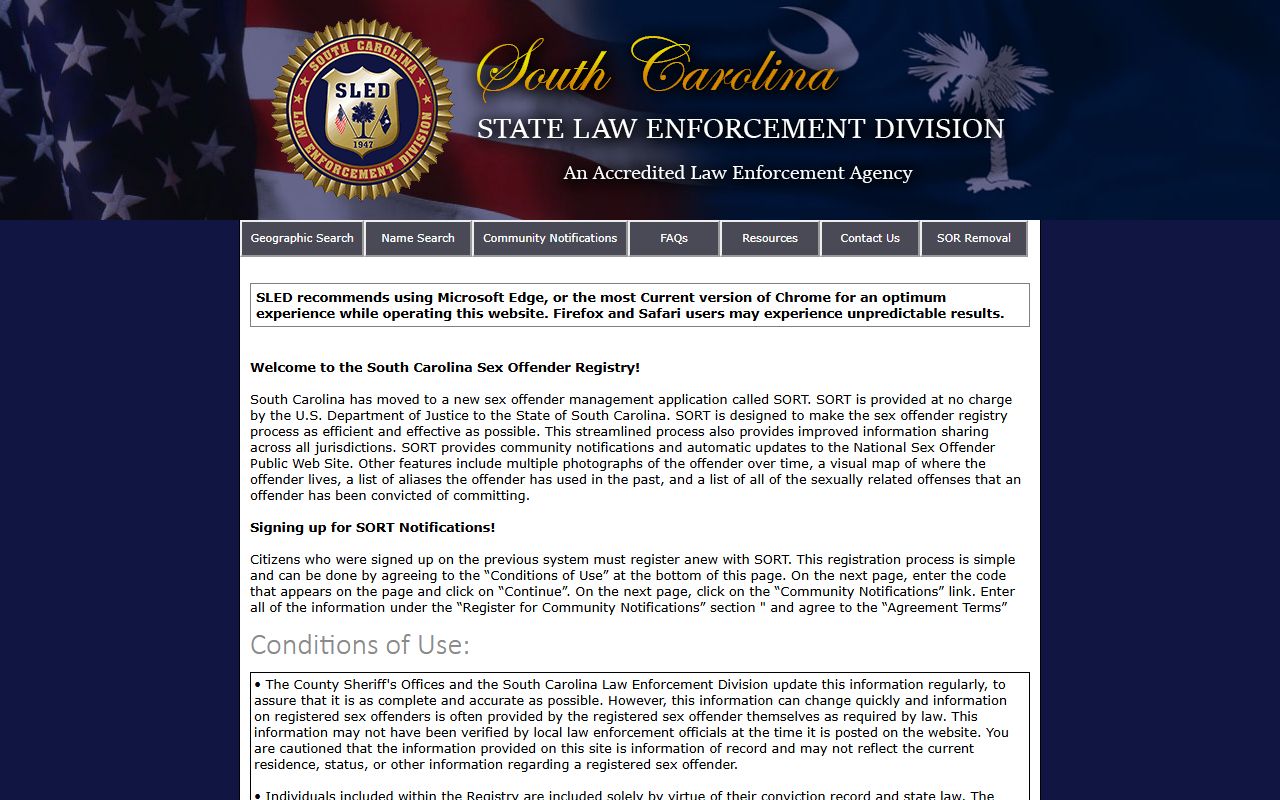 South Carolina sex offender registry search portal at scor.sled.sc.gov
