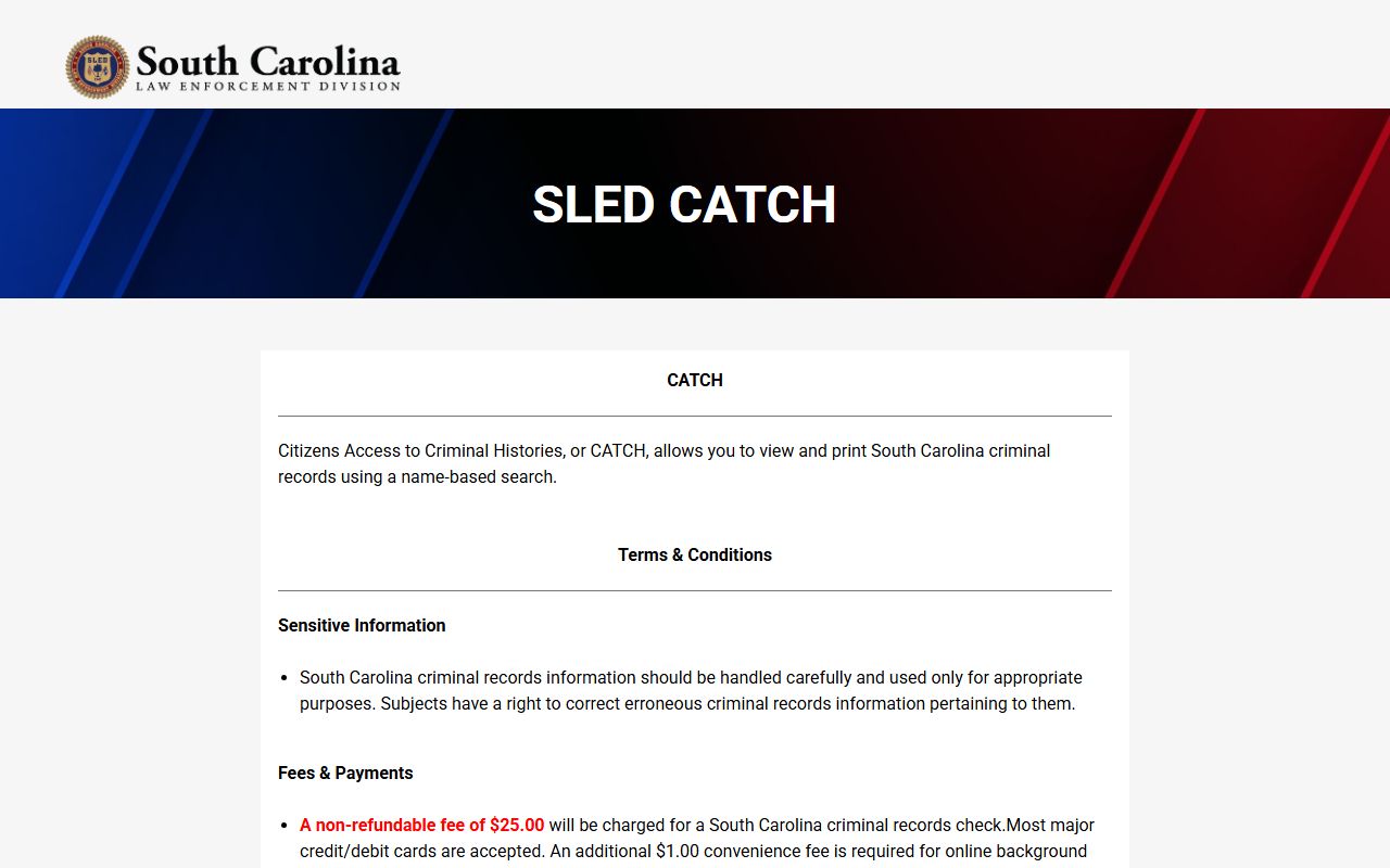 SLED CATCH Citizens Access to Criminal Histories portal for South Carolina felony records search